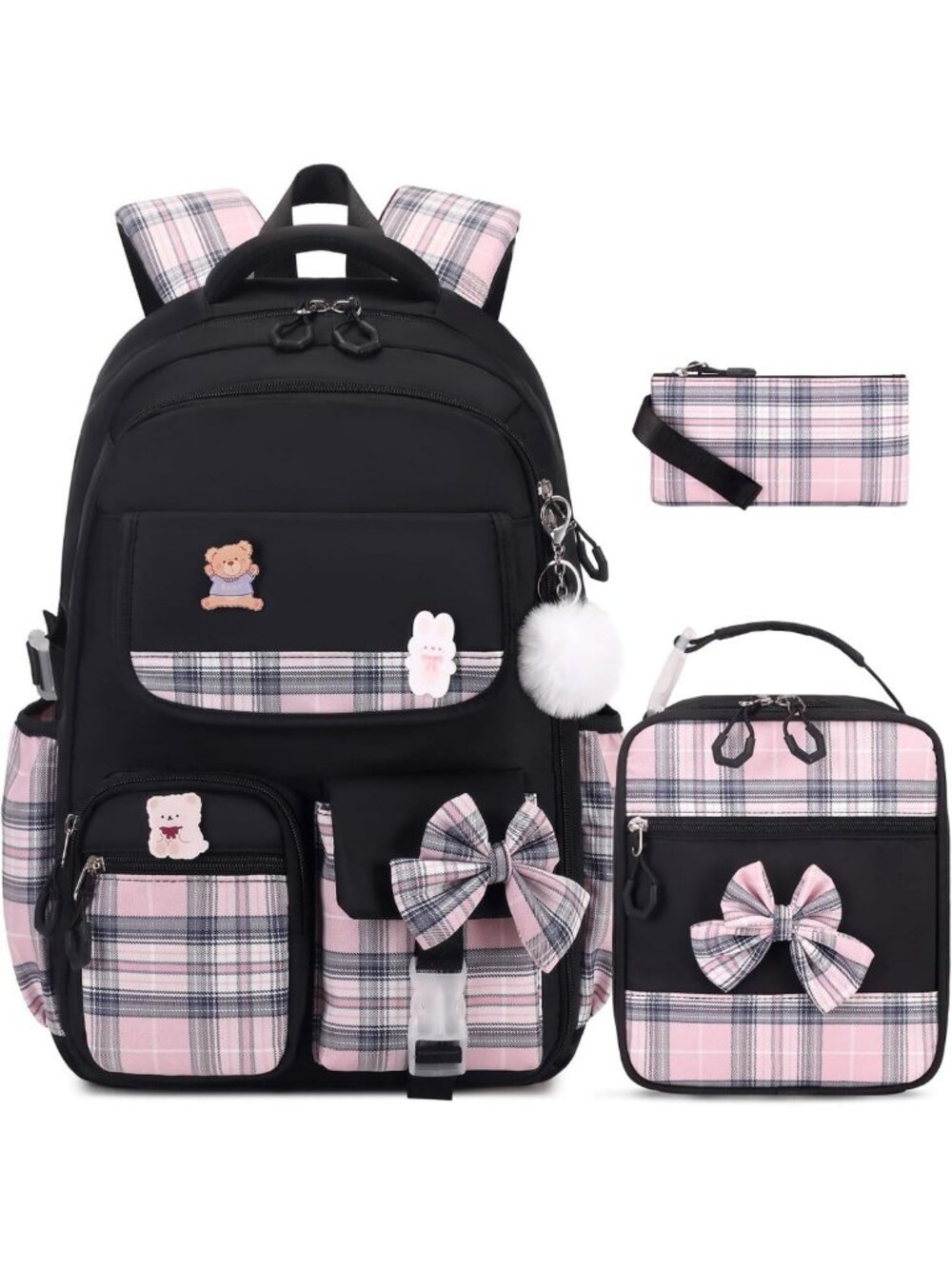 Girls' Bow Backpack Set - 3PCS with Lunch Box & Pencil Case - Cute & Stylish